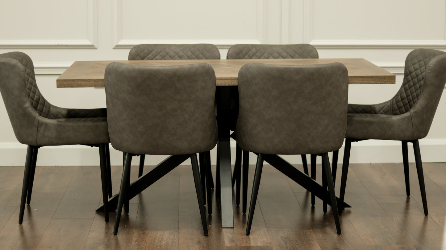 Hugo 1.6m Medium Oak Veneer+ 6 Diamond Grey PU Chairs
