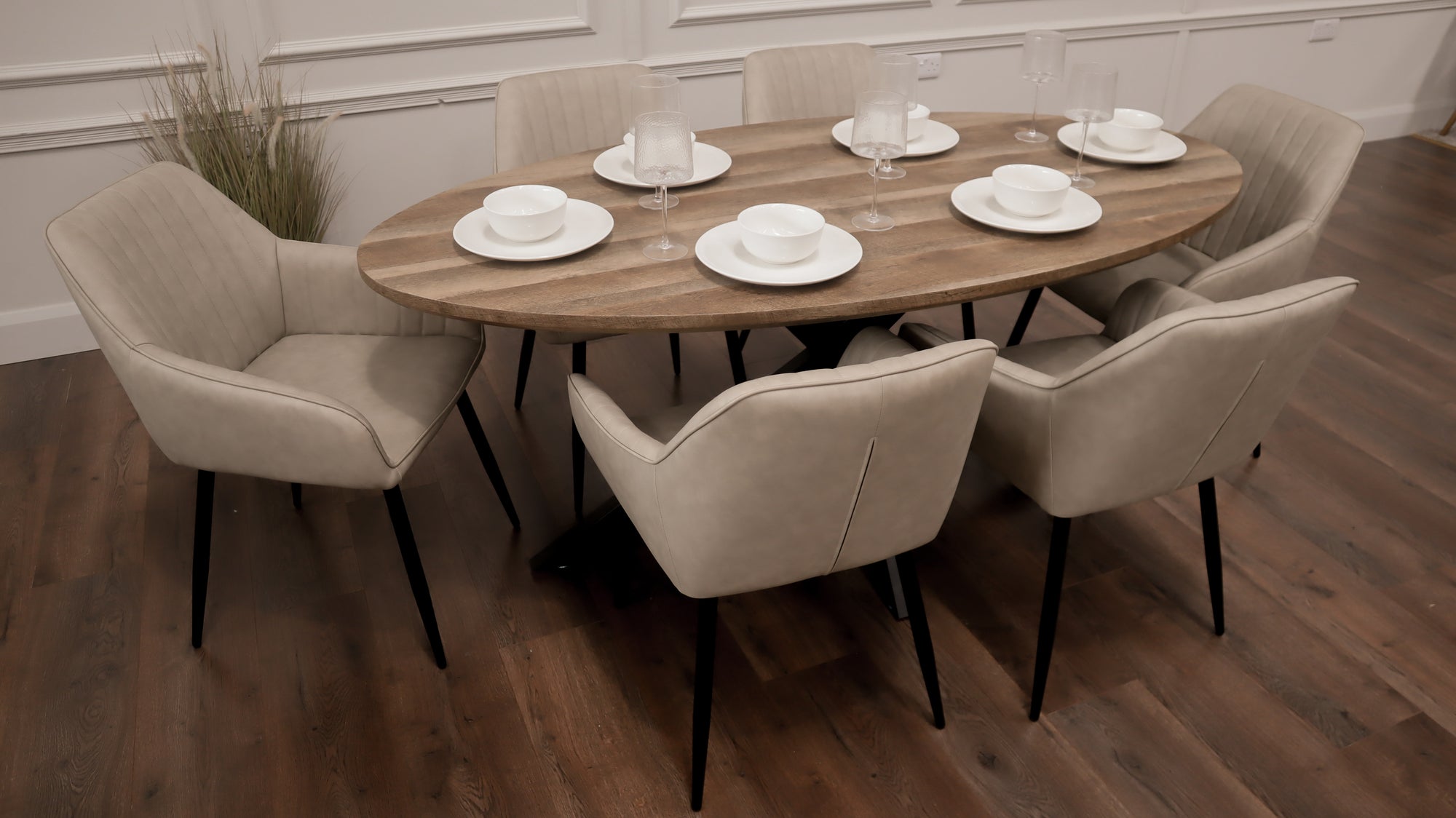 Epsom Rustic Oak 1.8m Oval + 6 EZ Chairs Taupe PU