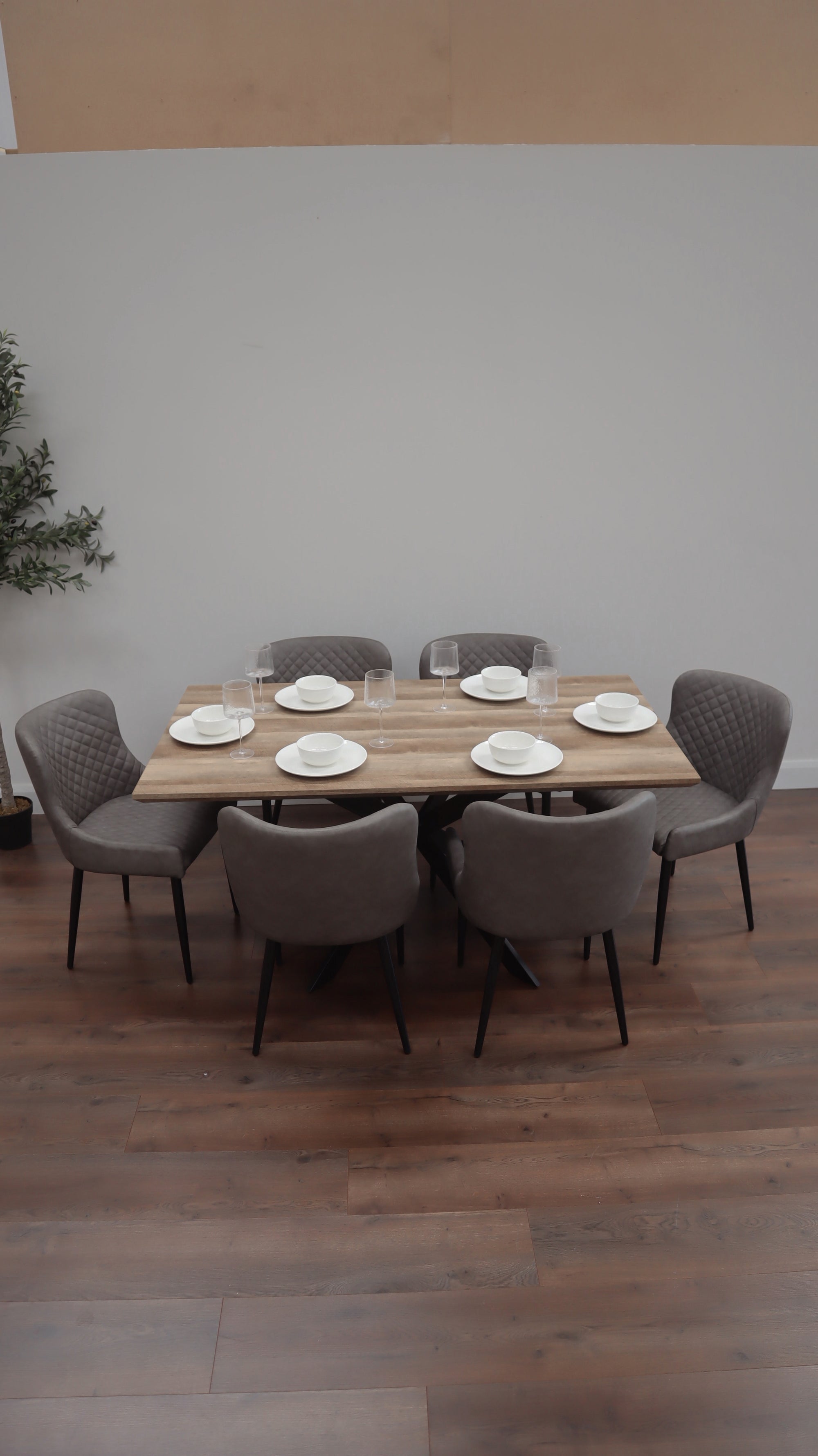 Epsom Rustic Oak 1.6m + 6 Diamond Grey PU Chairs