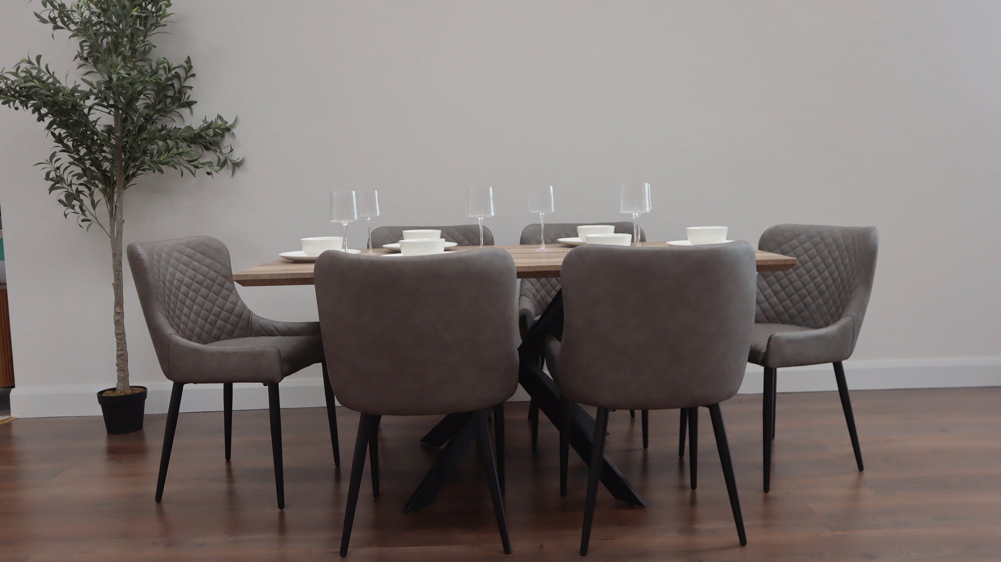 Epsom Rustic Oak 1.6m + 6 Diamond Grey PU Chairs