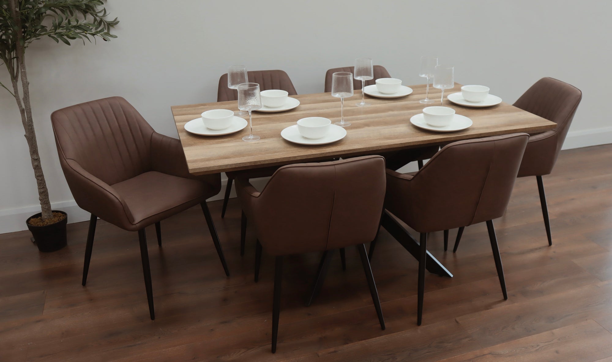 Epsom Rustic Oak 1.6m + 6 EZ Brown PU Chairs
