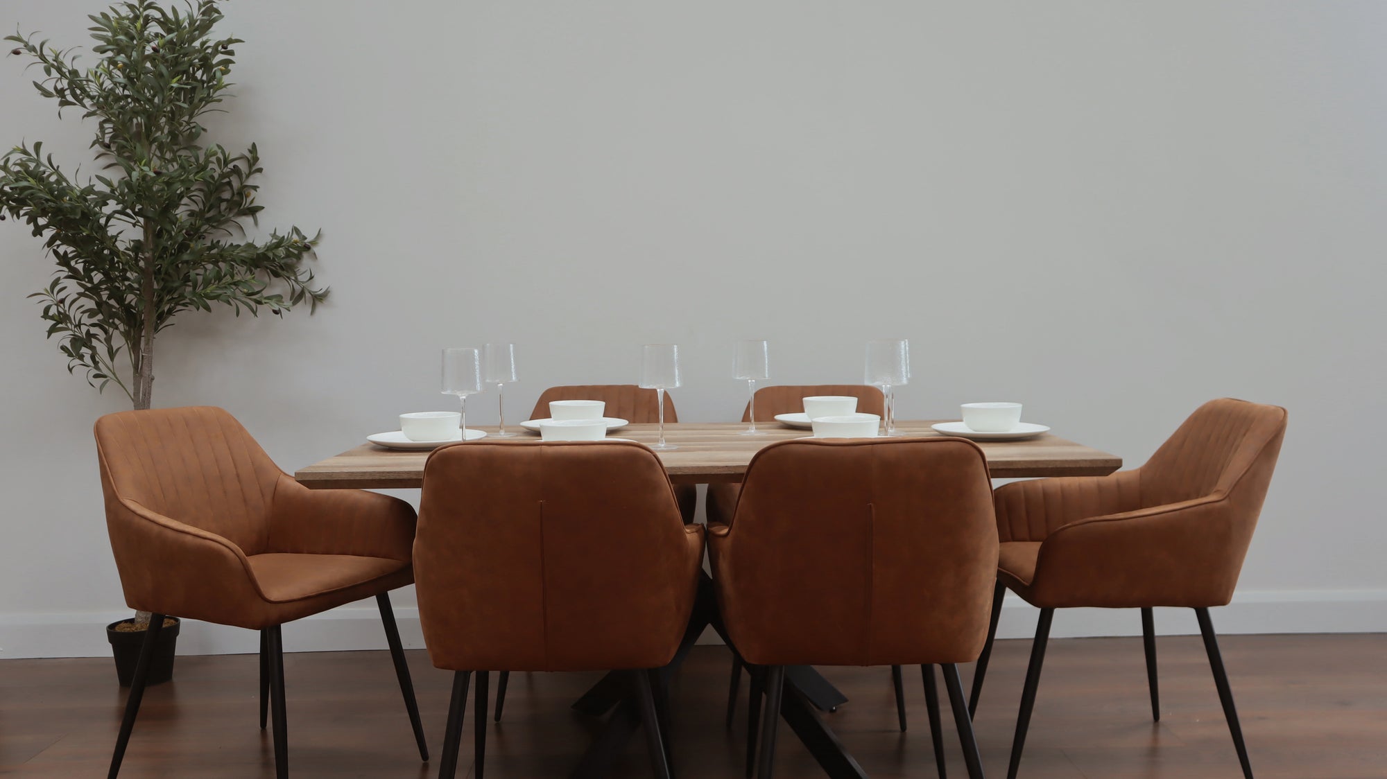 Epsom Rustic Oak 1.6m + 6 EZ Tan Suede Chairs