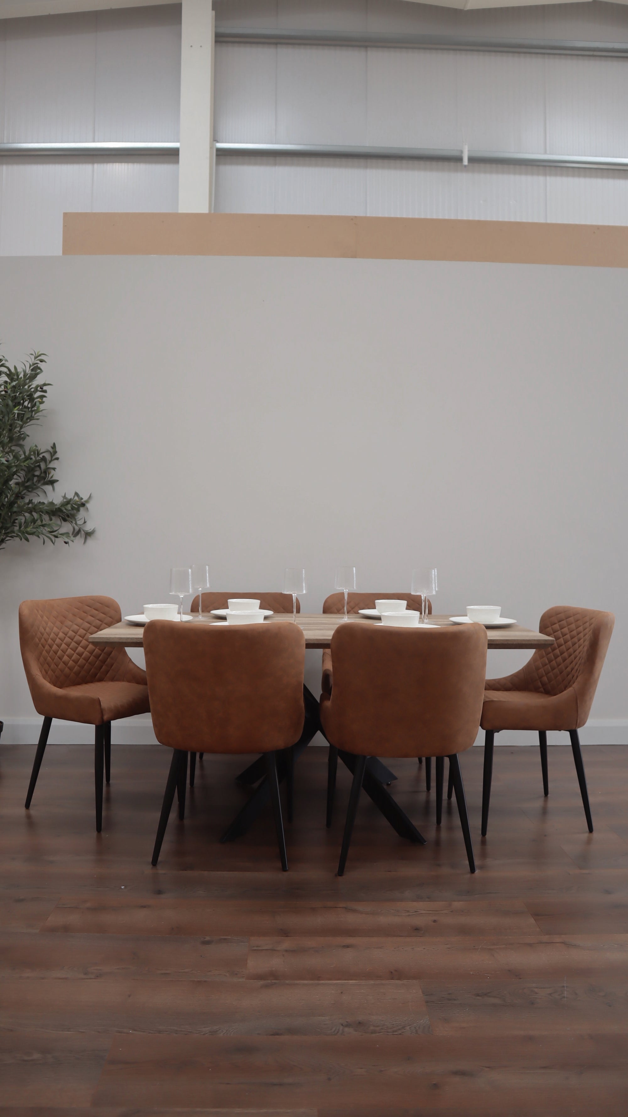 Epsom Rustic Oak 1.6m + 6 Diamond Tan Suede Chairs