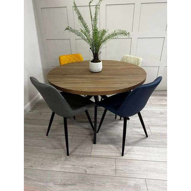 Freddy Walnut Round Dining Table Set PU Sylvia Chairs Traynor