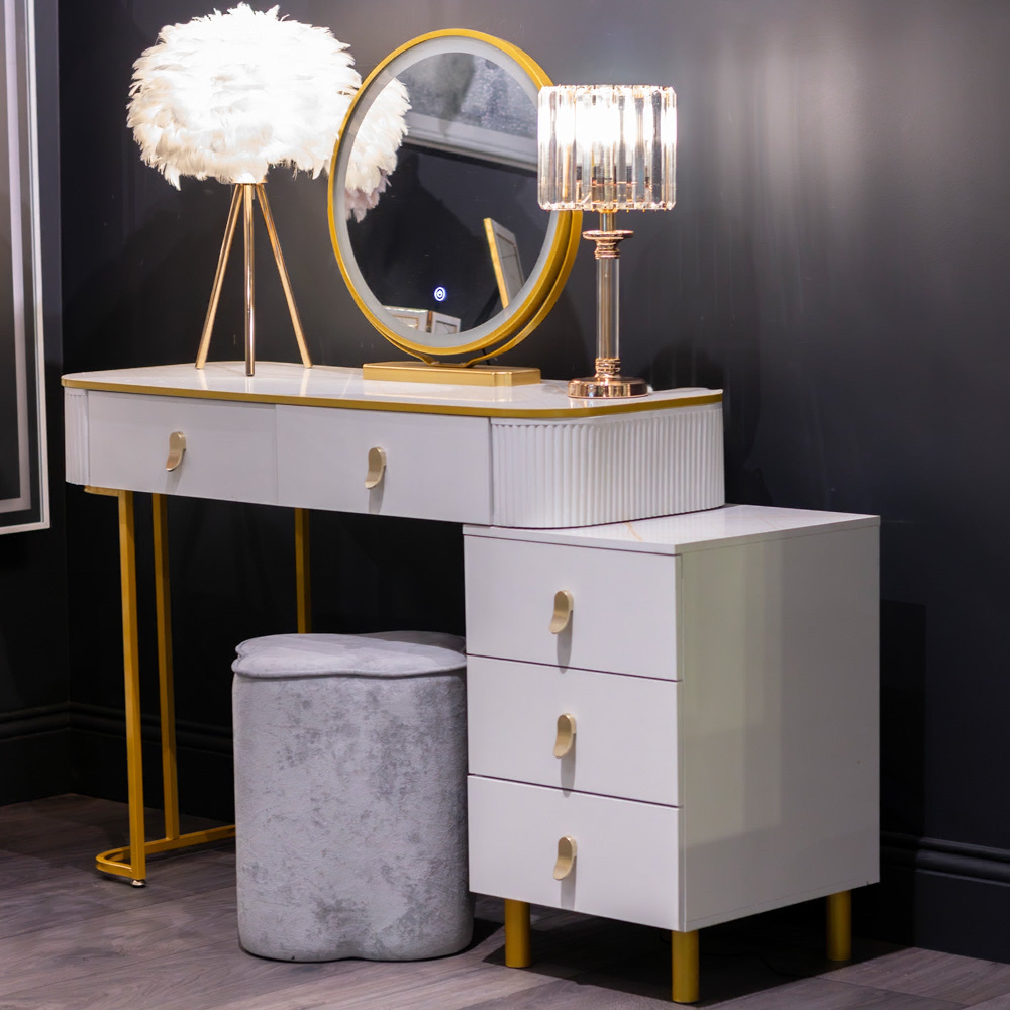 white and gold dressing table Dubai White & Gold Vanity Dressing Table Set