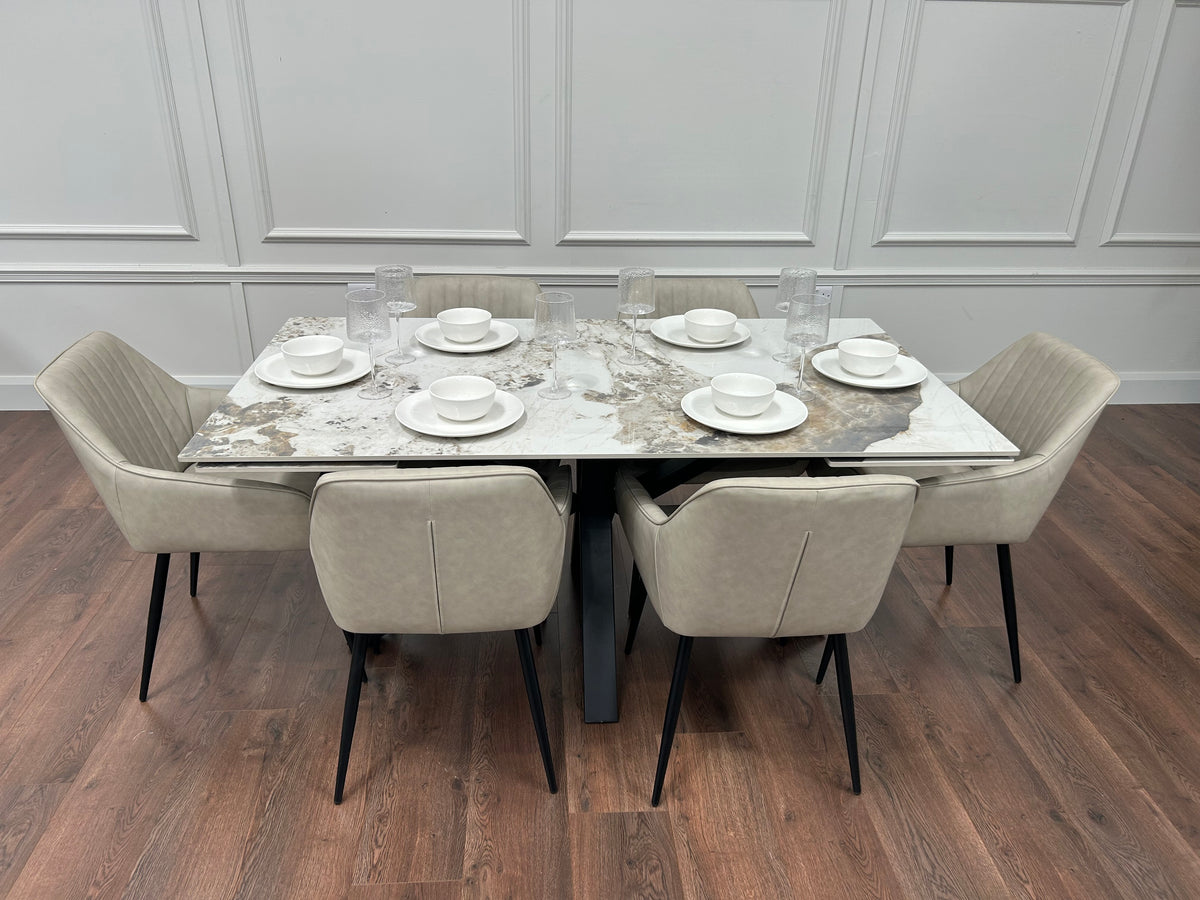 Sorrento Extending Sintered Stone Dining Set + 6 EZ Taupe Chairs