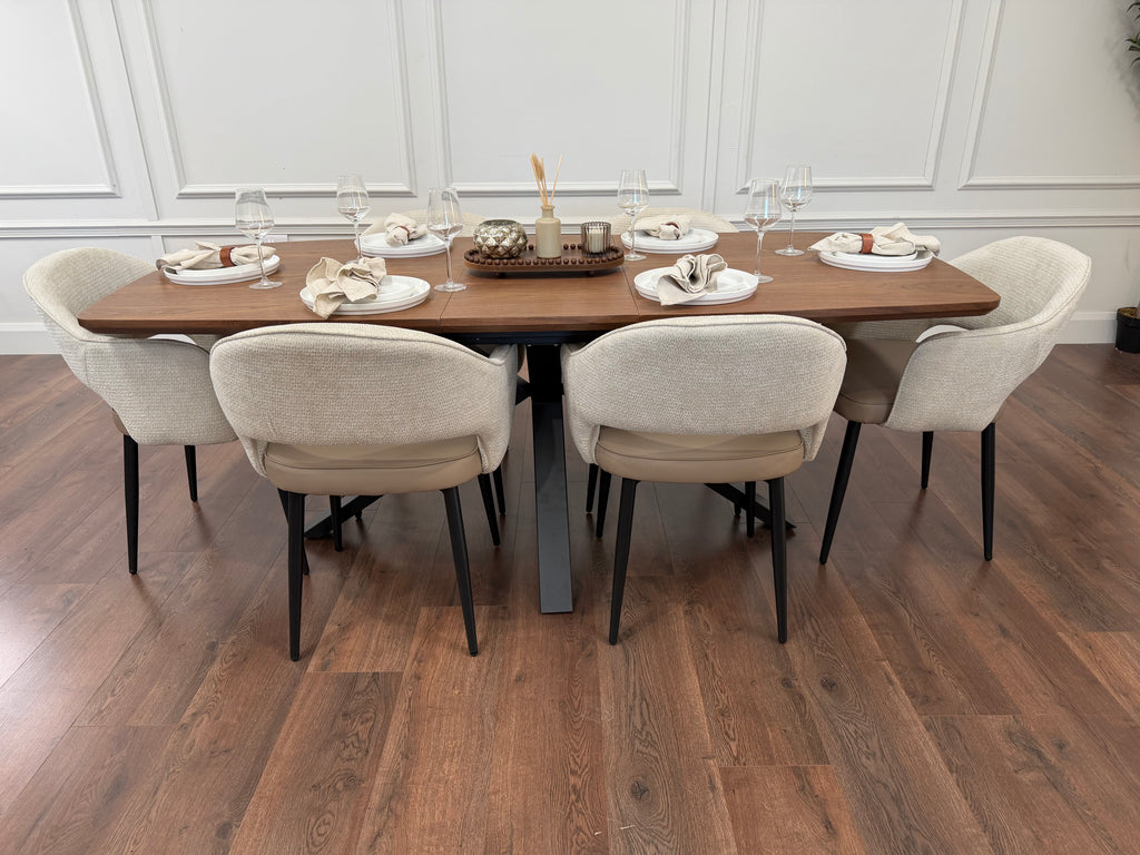 New York walnut extending dining table with 6 Maisie champagne beige and taupe chairs - photo 4