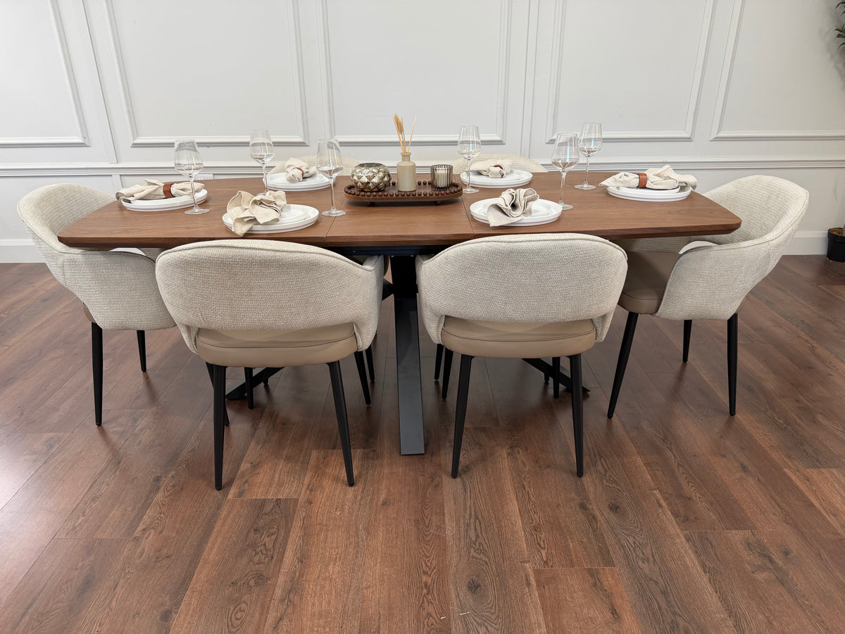 New York walnut extending dining table with 6 Maisie champagne beige and taupe chairs - photo 4