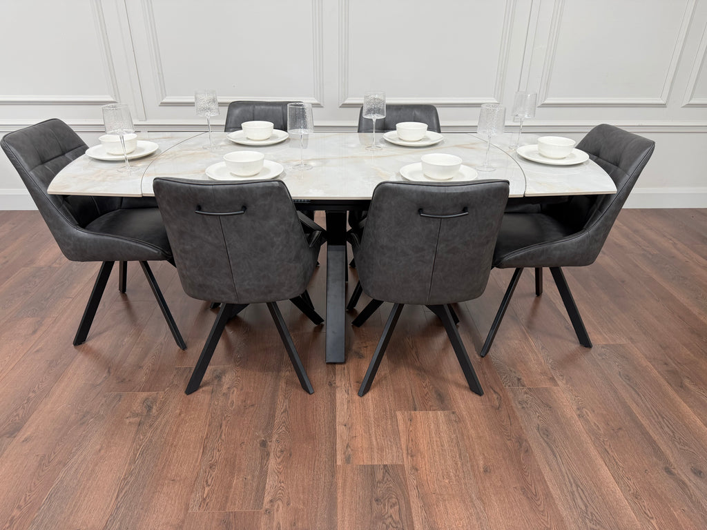 Positano Extending Sintered Stone Dining Set + 6 Pedro Charcoal PU Chairs
