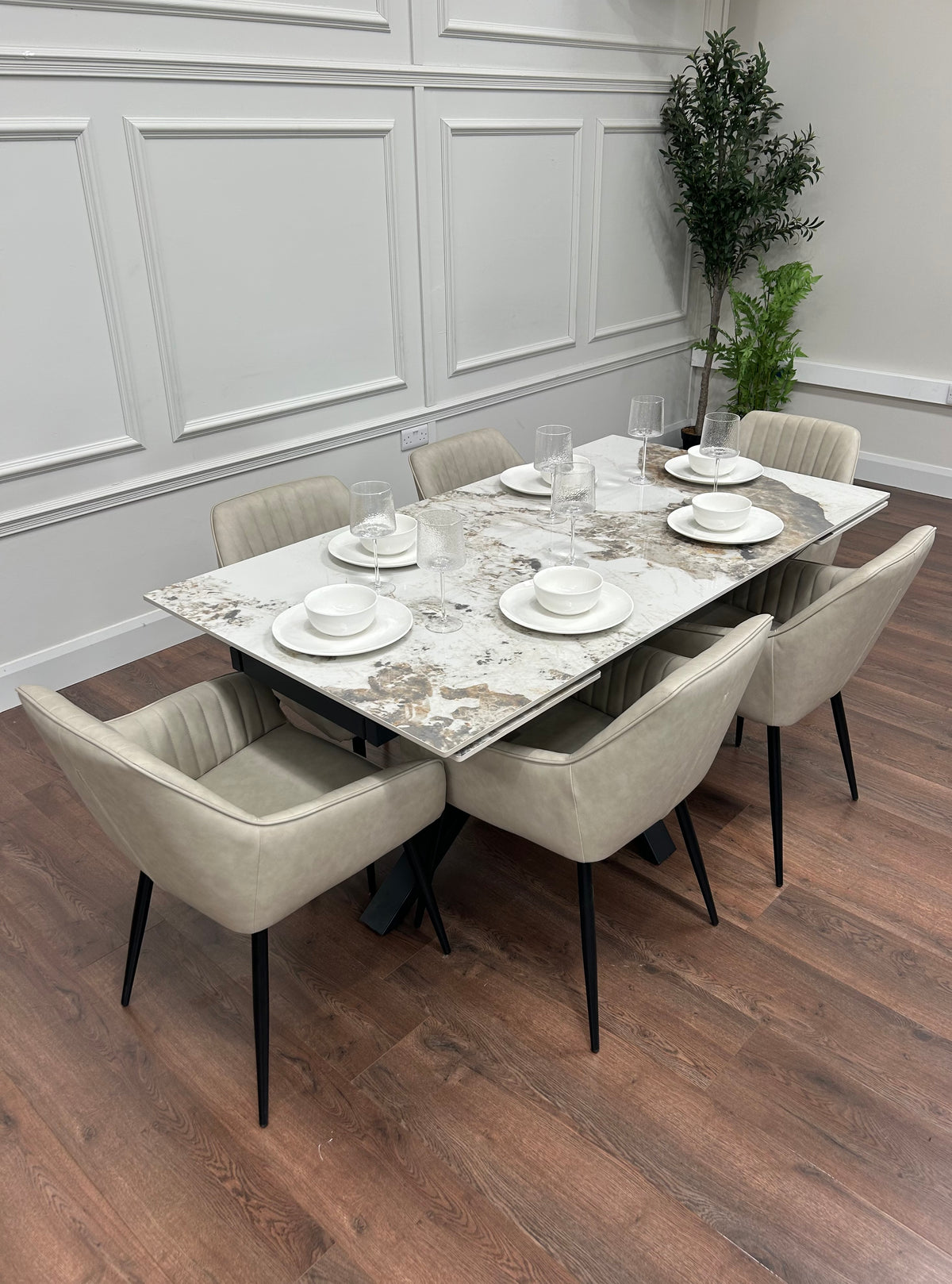 Sorrento Extending Sintered Stone Dining Set + 6 EZ Taupe Chairs