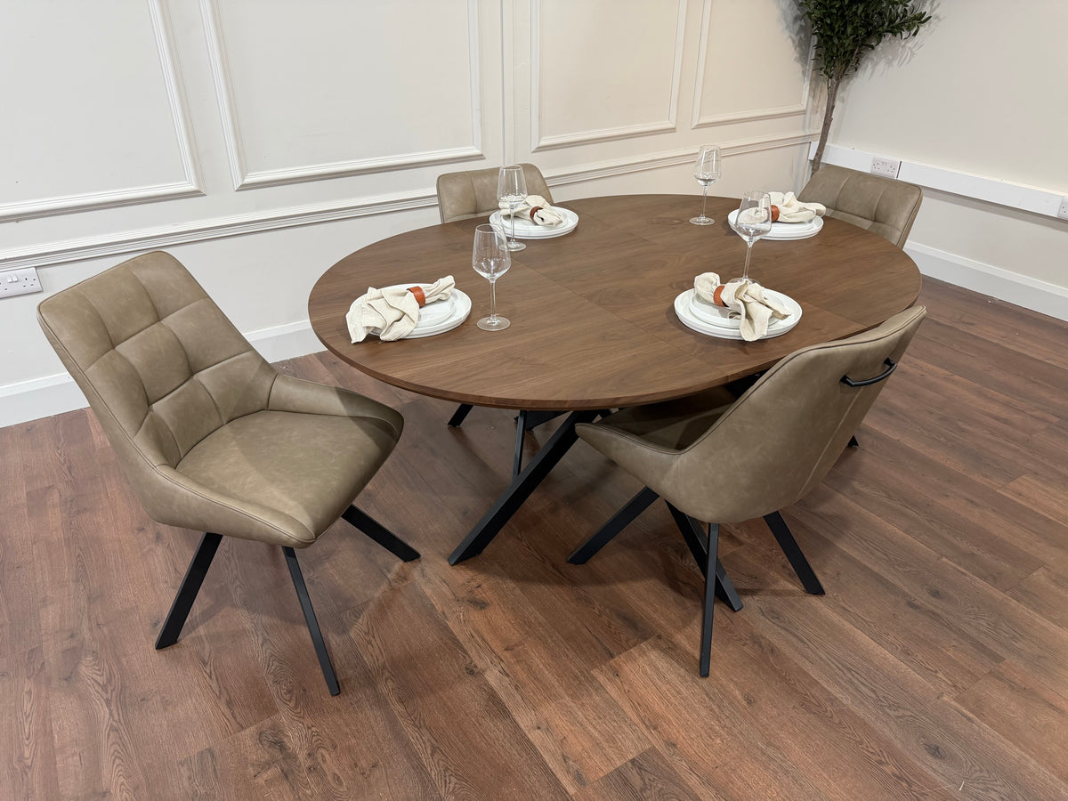 New York dark oak round extending dining table with 4 Pedro dark taupe PU chairs - photo 2