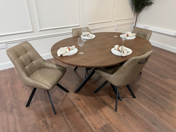 New York dark oak round extending dining table with 4 Pedro dark taupe PU chairs - photo 2