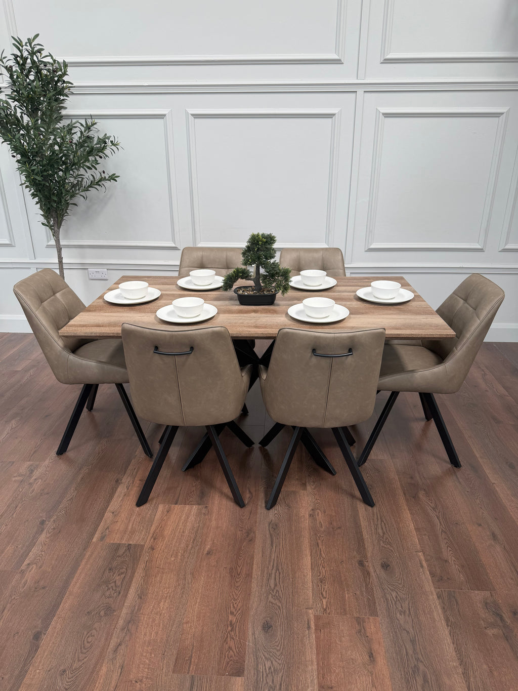 Epsom 1.6m Rustic Oak + 6 Pedro Dark Taupe PU Chairs