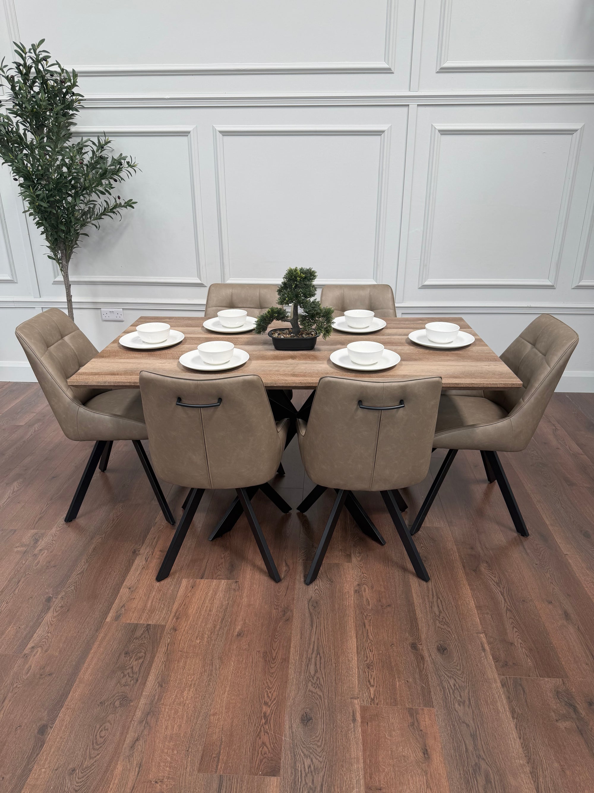 Epsom 1.6m Rustic Oak + 6 Pedro Dark Taupe PU Chairs