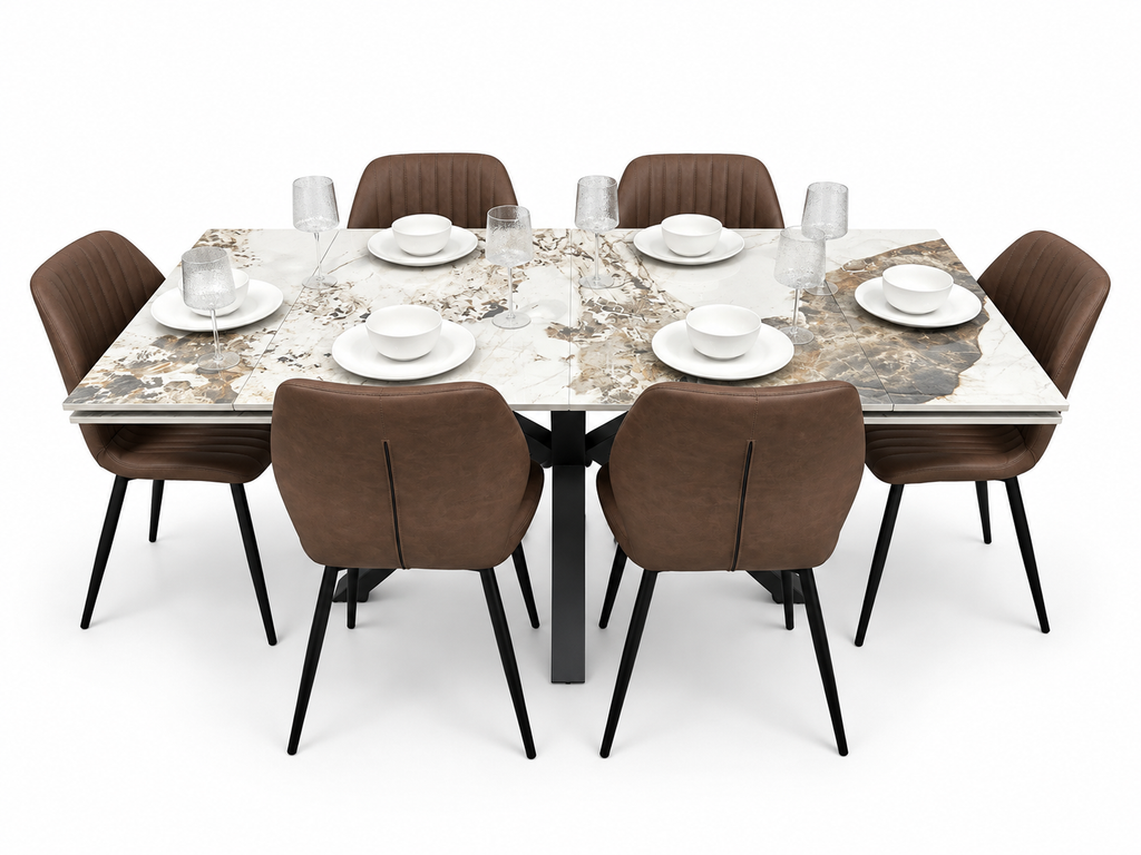 Sorrento Extending Sintered Stone Dining Set + 6 Lyra Brown Chairs