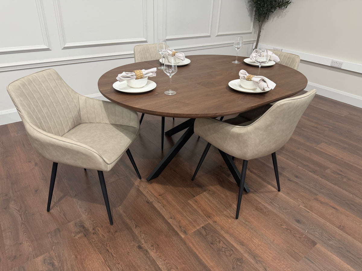 New York dark oak round extending dining table with 4 EZ taupe PU chairs - photo 4