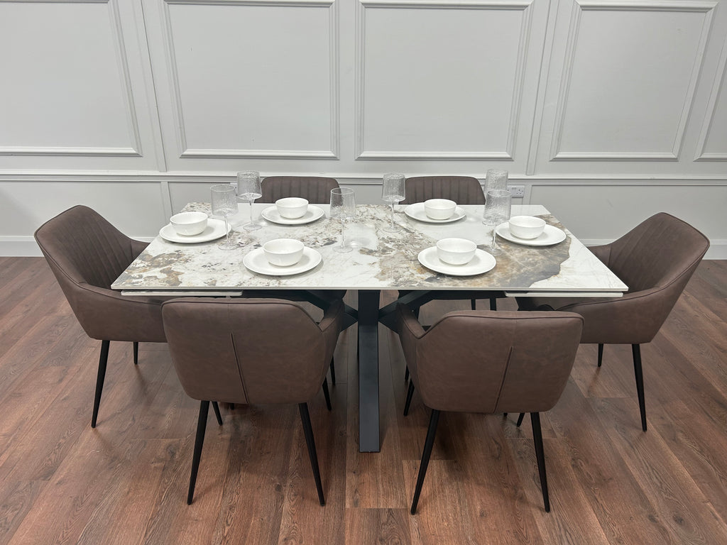 Sorrento Extending Sintered Stone Dining Set + 6 EZ Brown Chairs