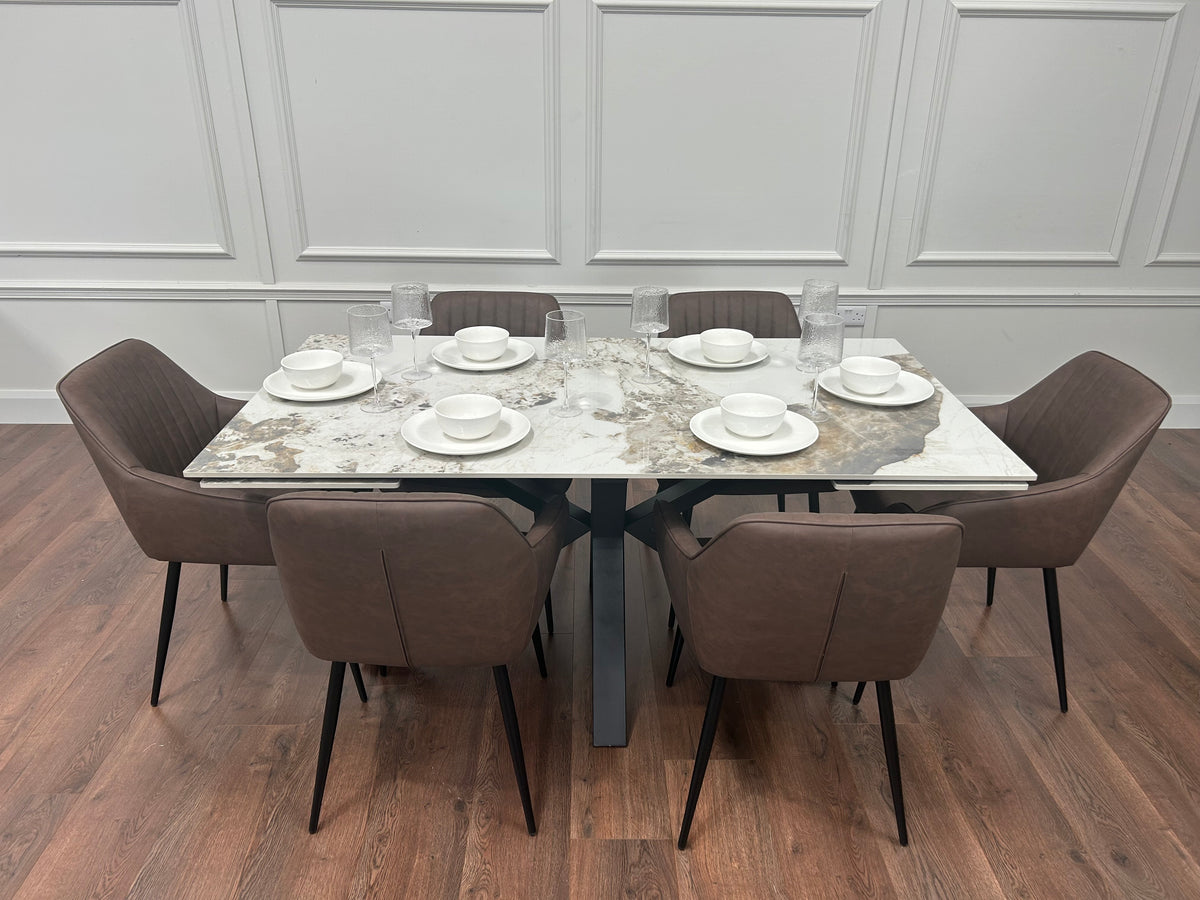 Sorrento Extending Sintered Stone Dining Set + 6 EZ Brown Chairs