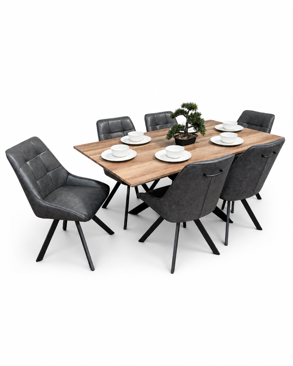 Epsom 1.6m Rustic Oak + 6 Pedro Charcoal Grey PU Chairs