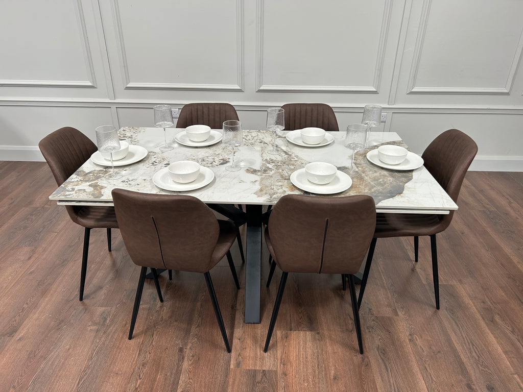 Sorrento Extending Sintered Stone Dining Set + 6 Lyra Brown Chairs