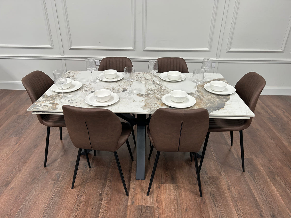 Sorrento Extending Sintered Stone Dining Set + 6 Lyra Brown Chairs