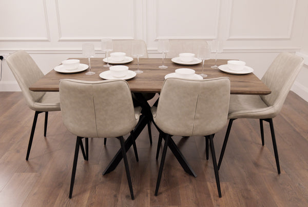 Epsom Dark Oak 1.6m + 6 Tilly Chairs Taupe PU