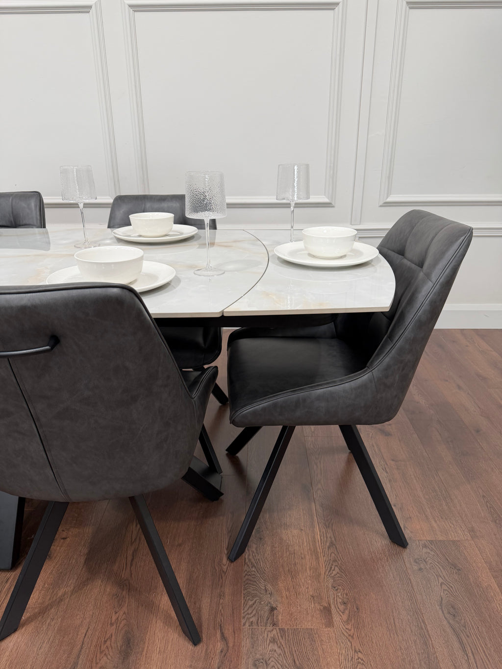 Positano Extending Sintered Stone Dining Set + 6 Pedro Charcoal PU Chairs