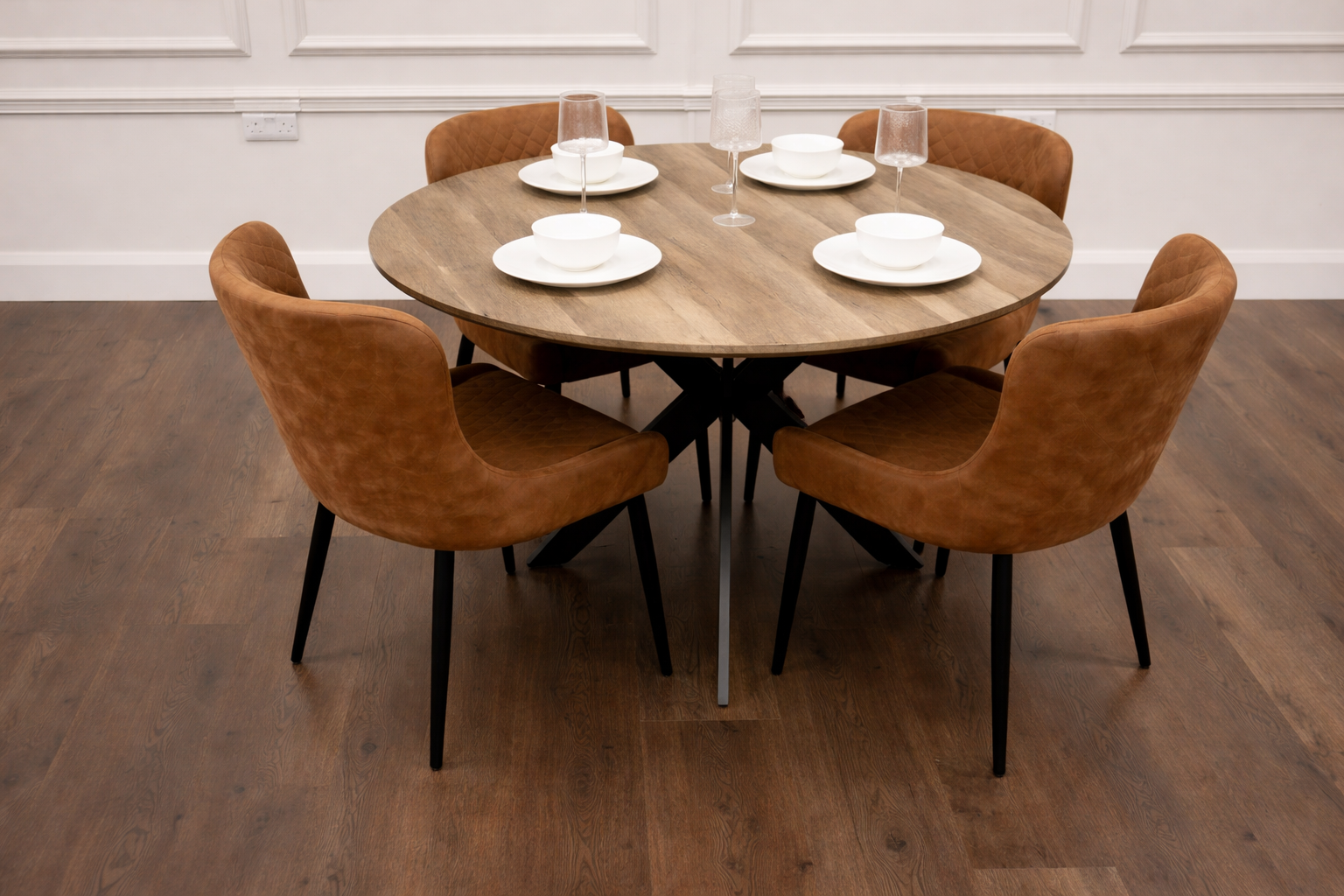 Epsom Rustic Oak 1.2m + 4 Diamond Tan Suede Chairs