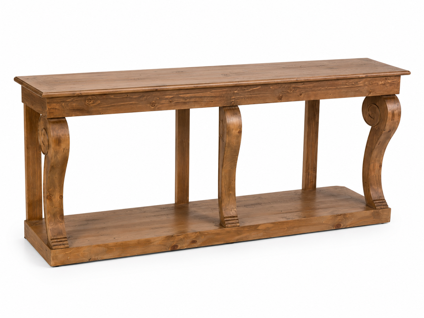 Montclair Scroll Console Table – Reclaimed Wood, Cashew Oak