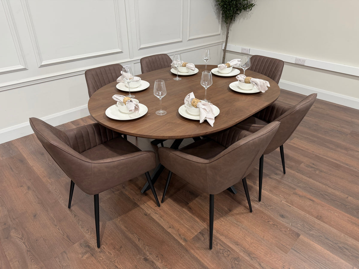 New York dark oak round extending dining table with 4 EZ brown PU chairs - photo 8