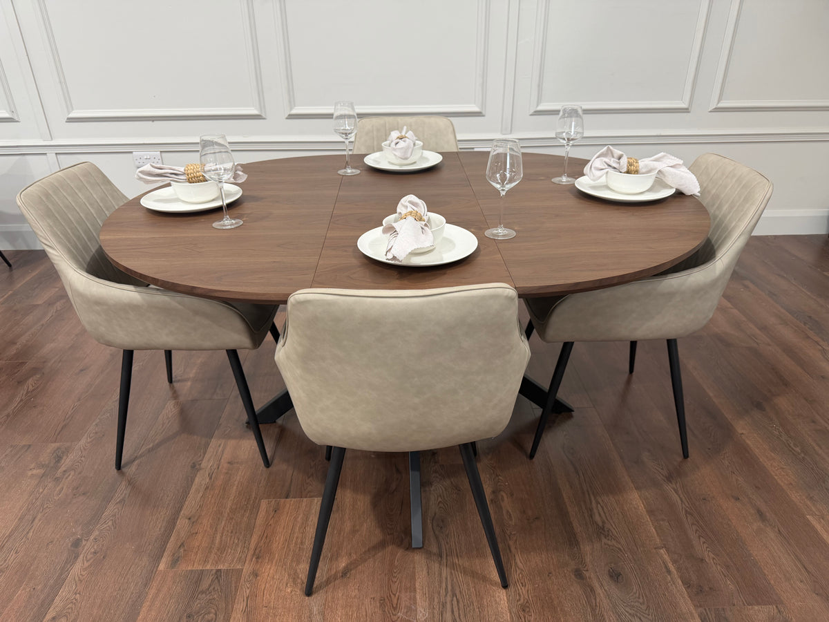New York dark oak round extending dining table with 4 EZ taupe PU chairs - photo 3