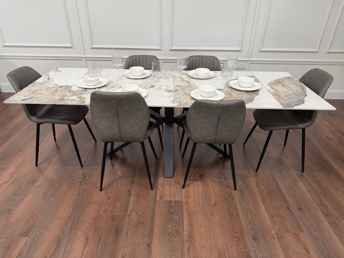Sorrento Extending Sintered Stone Dining Set + 6 Lyra Grey Chairs