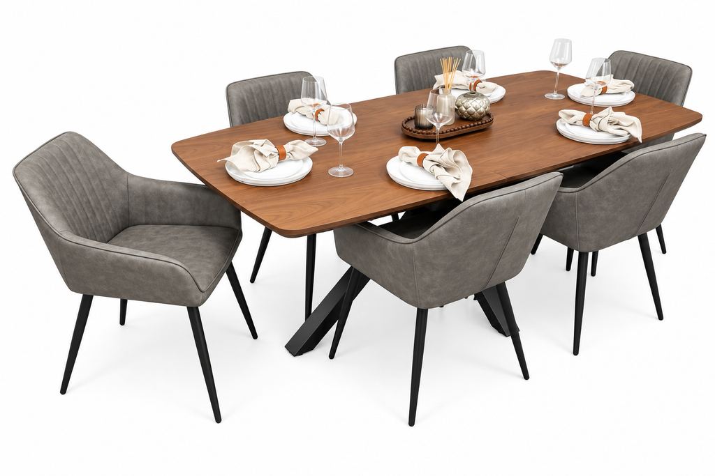 New York walnut extending dining table with 6 EZ grey PU chairs