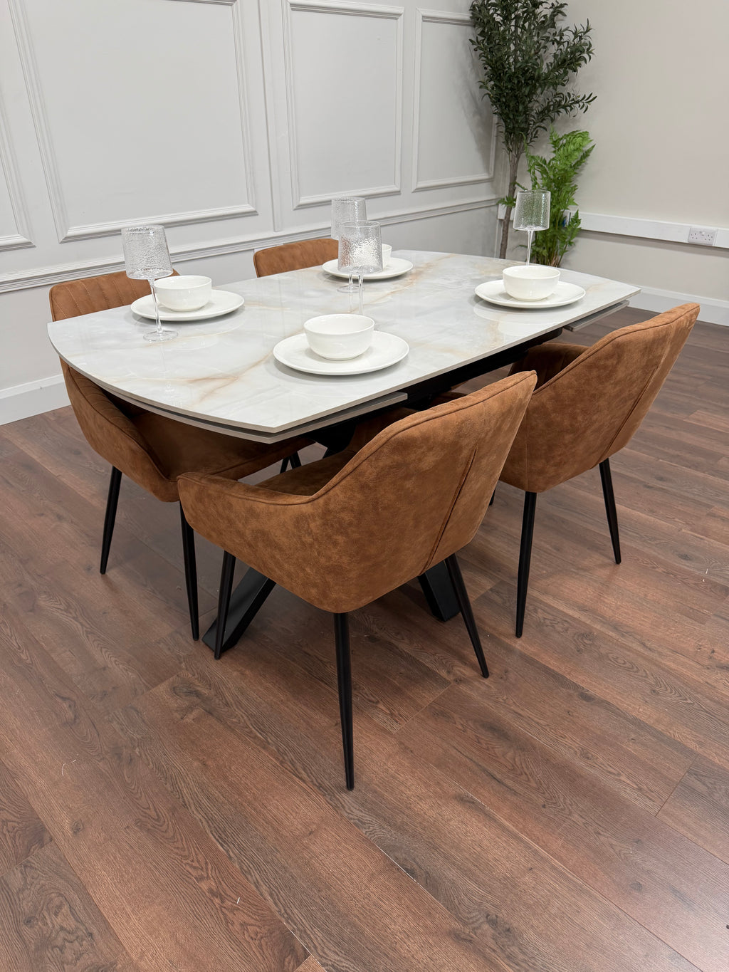 Positano Extending Sintered Stone Dining Set + 6 EZ Tan Suede Chairs