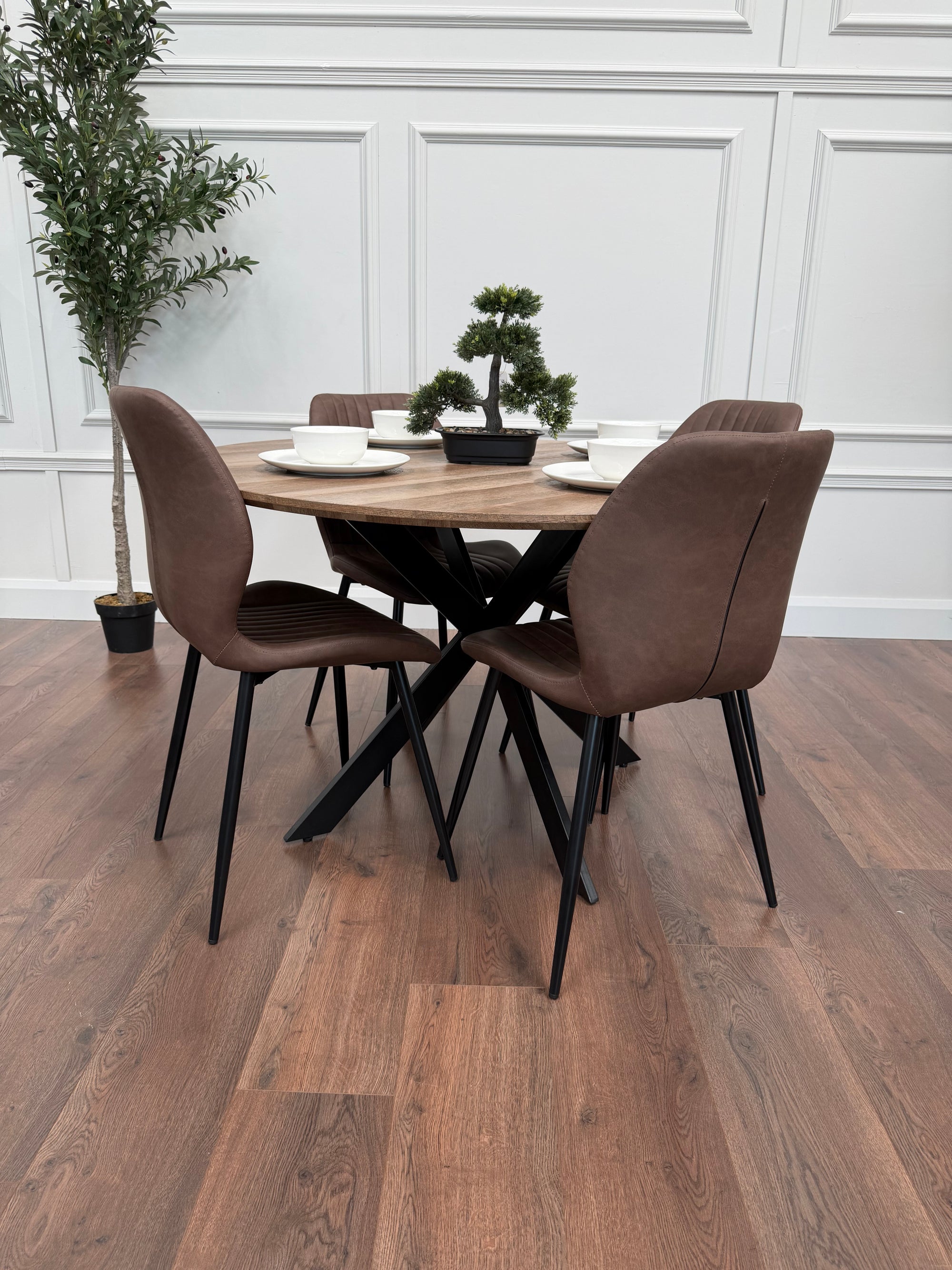 Epsom Rustic Oak 1.2m + 4 Lyra Brown PU
