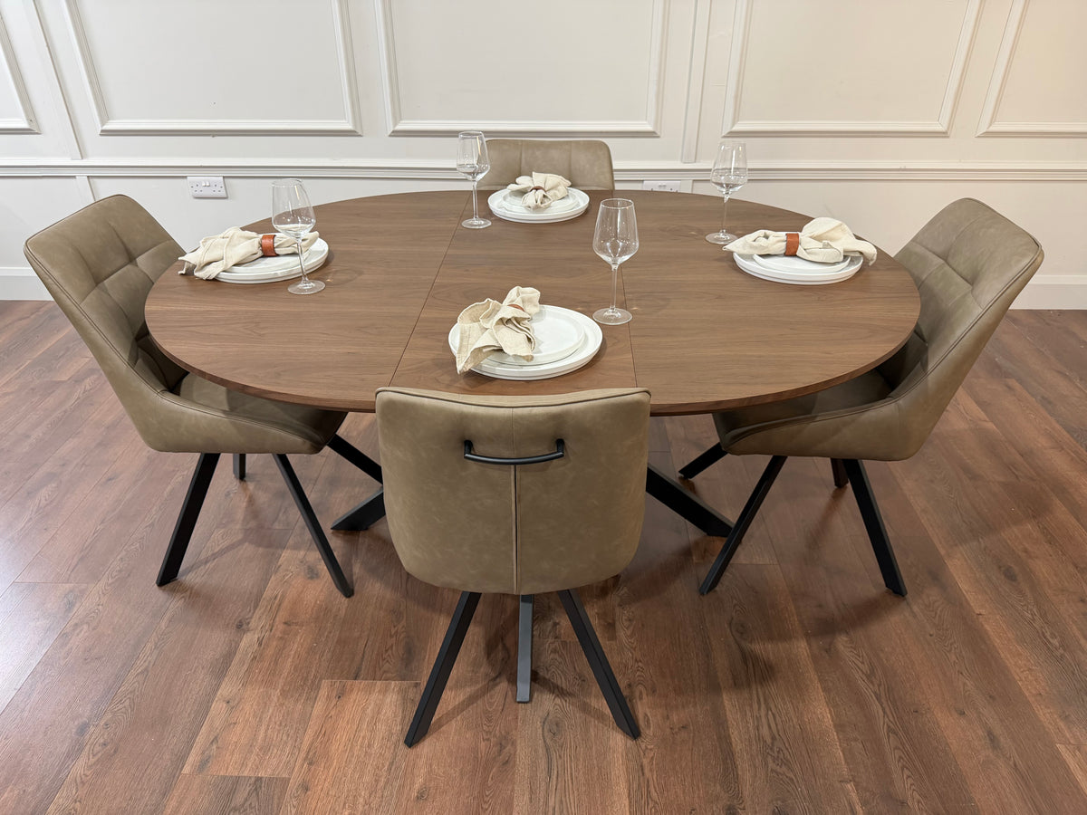 New York dark oak round extending dining table with 4 Pedro dark taupe PU chairs - photo 3