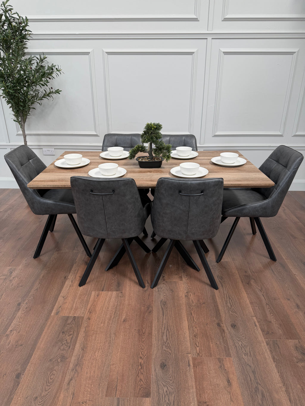 Epsom 1.6m Rustic Oak + 6 Pedro Charcoal Grey PU Chairs