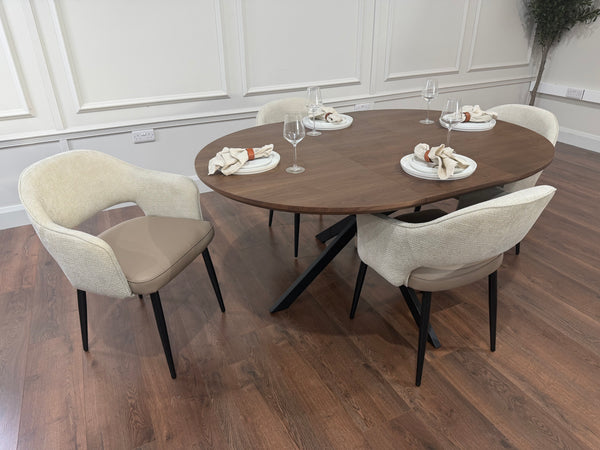 New York dark oak round extending dining table with 4 Maisie champagne beige and taupe chairs - photo 2