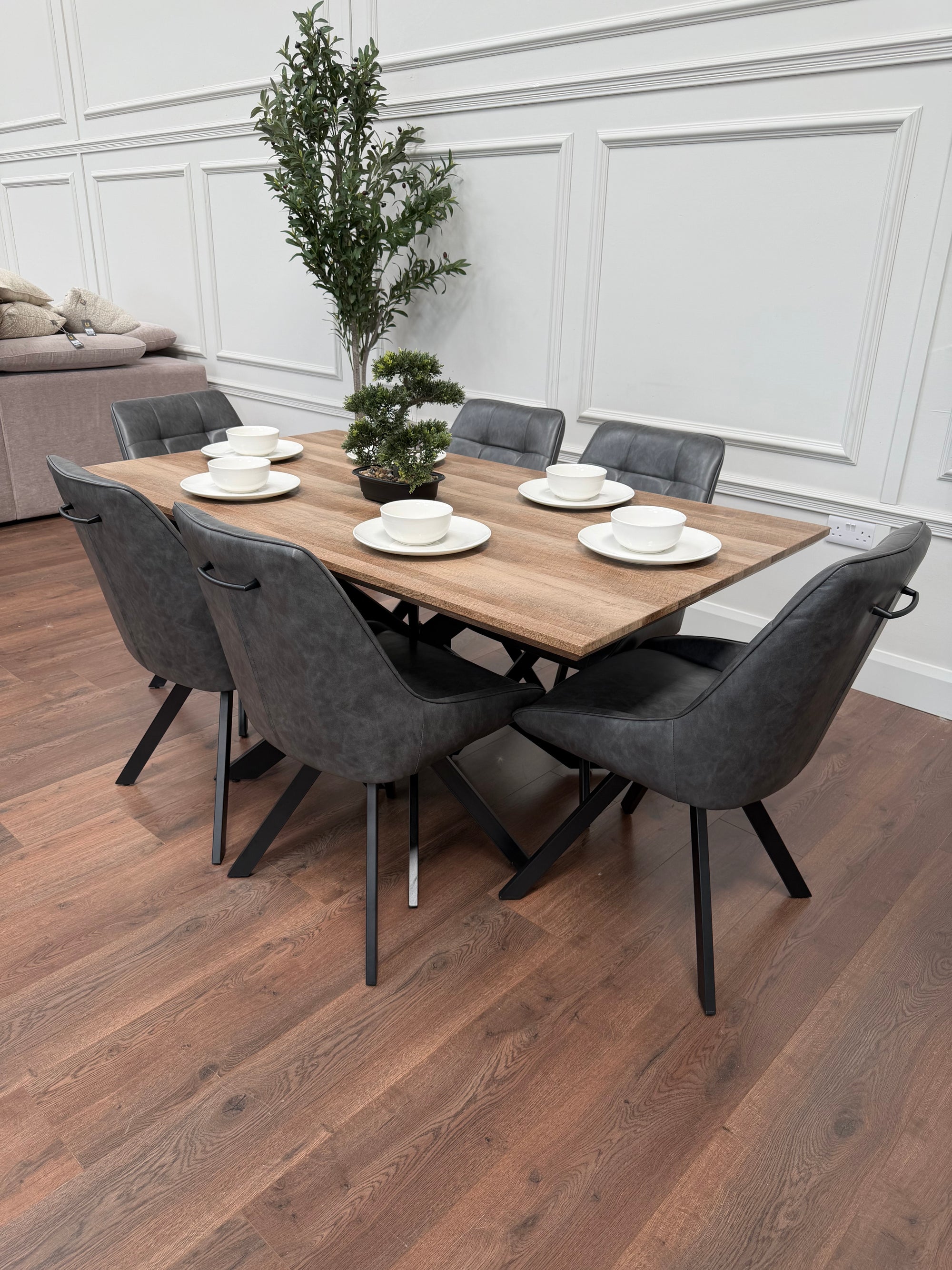 Epsom 1.6m Rustic Oak + 6 Pedro Charcoal Grey PU Chairs