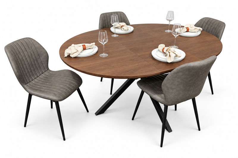 New York dark oak round extending dining table with 4 Lyra grey PU chairs