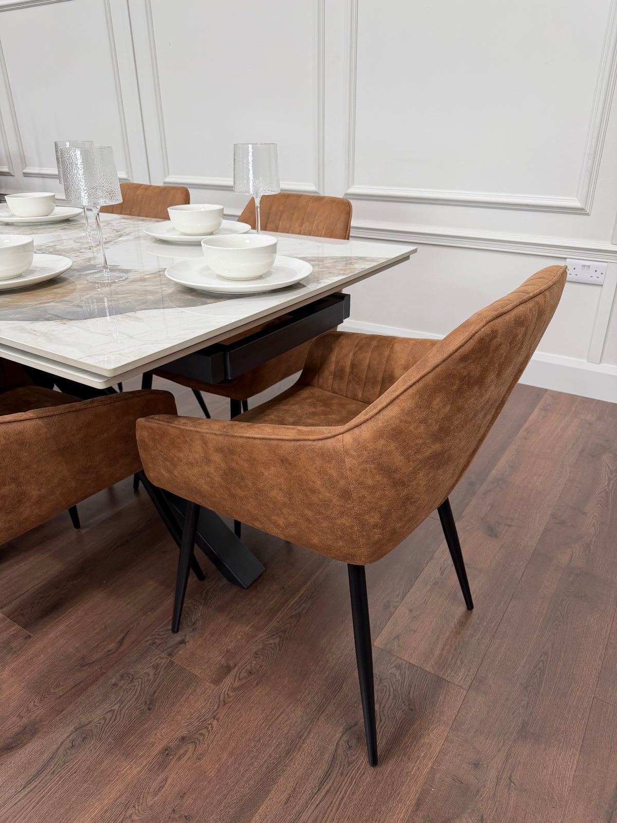 Sorrento Sintered Stone Extending Dining Set + 6 EZ Tan Suede Chairs