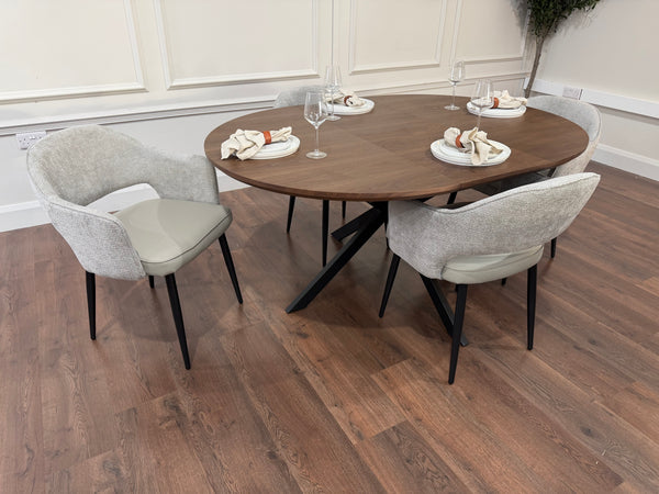 New York dark oak round extending dining table with 4 Maisie dove grey and stone grey chairs - photo 2