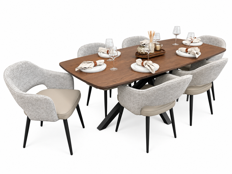 New York walnut extending dining table with 6 Maisie dove grey and stone grey chairs