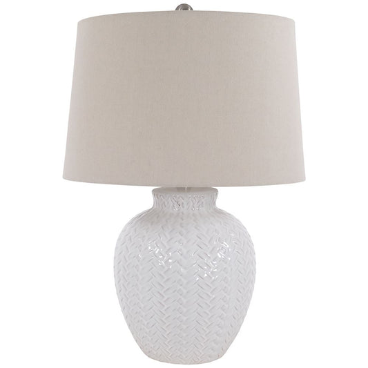 IVORY CERAMIC LAMP WITH OATMEAL SHADE - 61cm