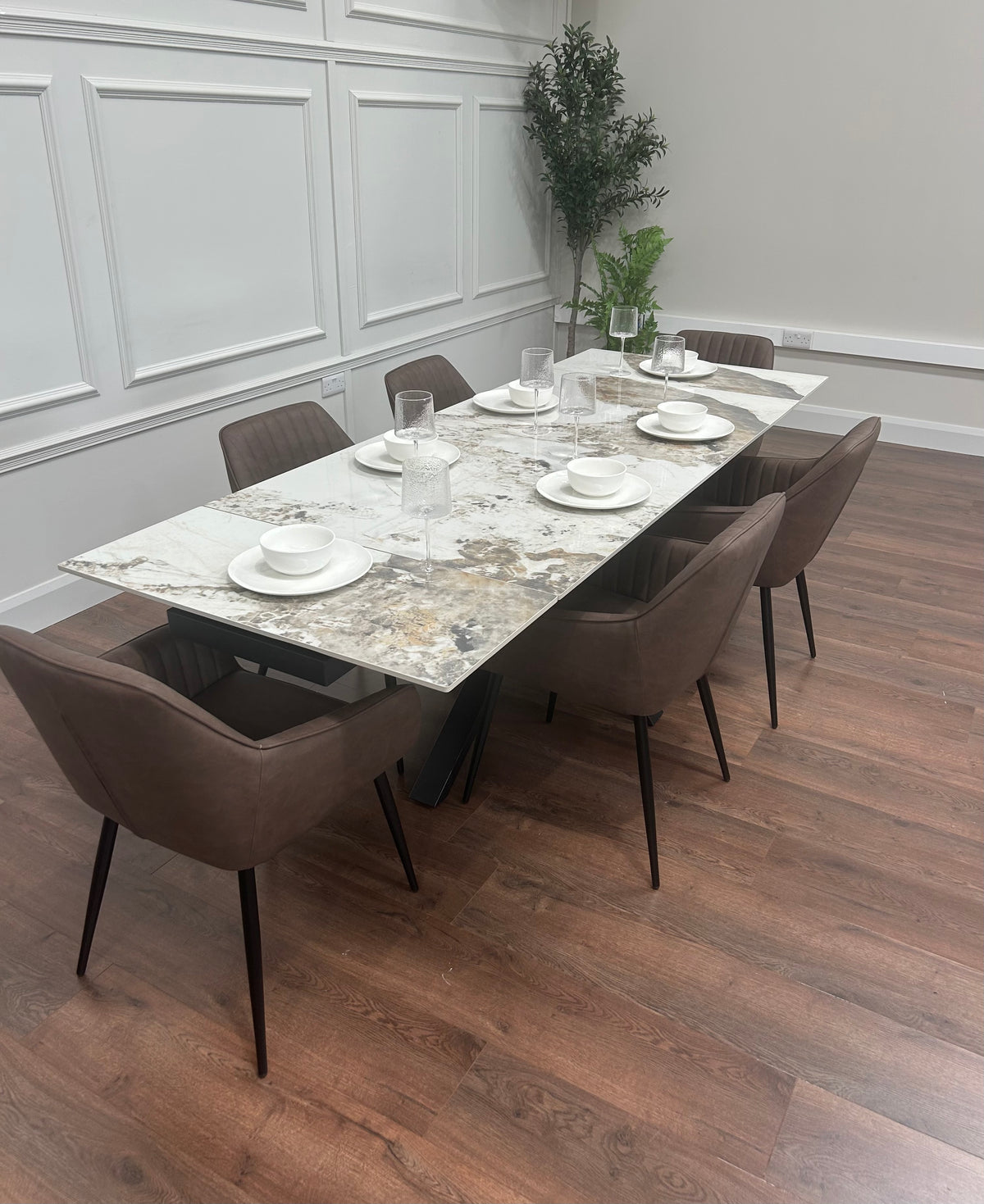 Sorrento Extending Sintered Stone Dining Set + 6 EZ Brown Chairs