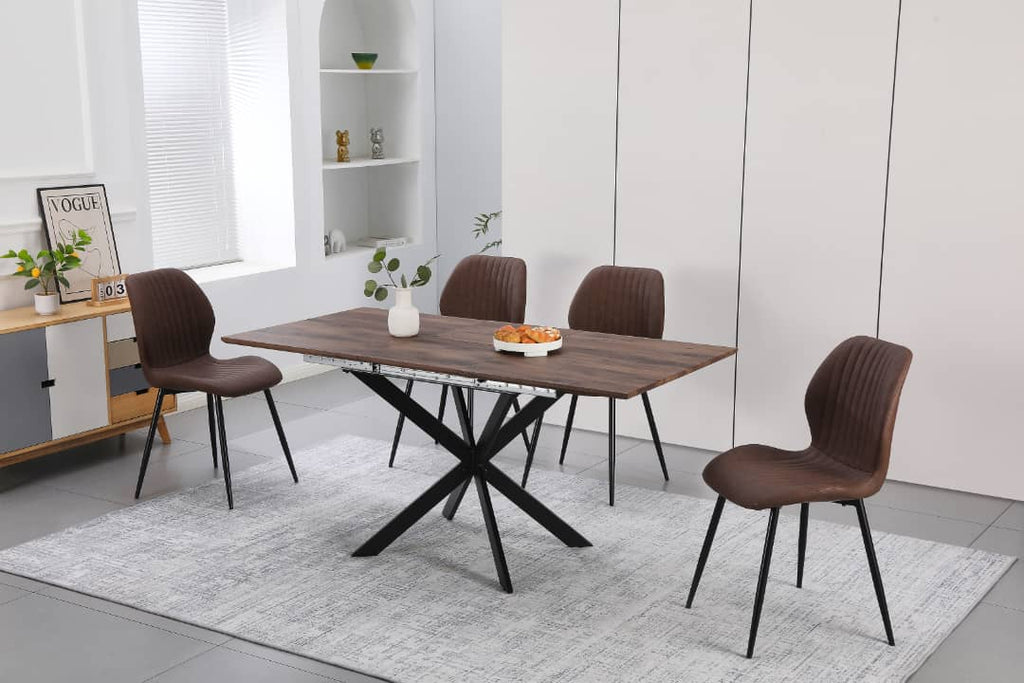 Epsom Dark Oak 1.2m/1.6m + 4 Lyra Chairs Brown PU