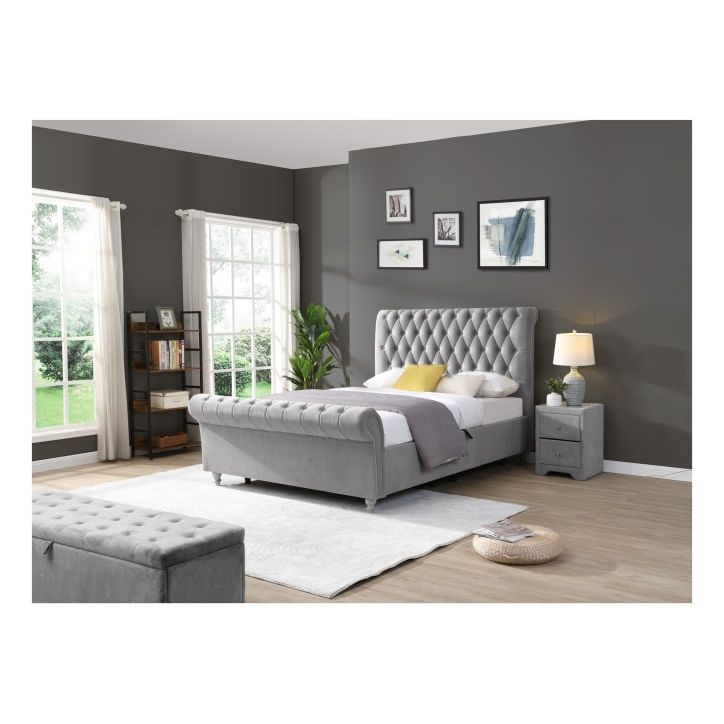 Dione Sleigh Bed Ottoman Silver - King Size