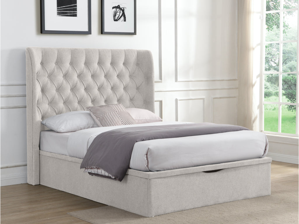 Clara Gas Lift  Double Bed Frame   - Beige Fabric