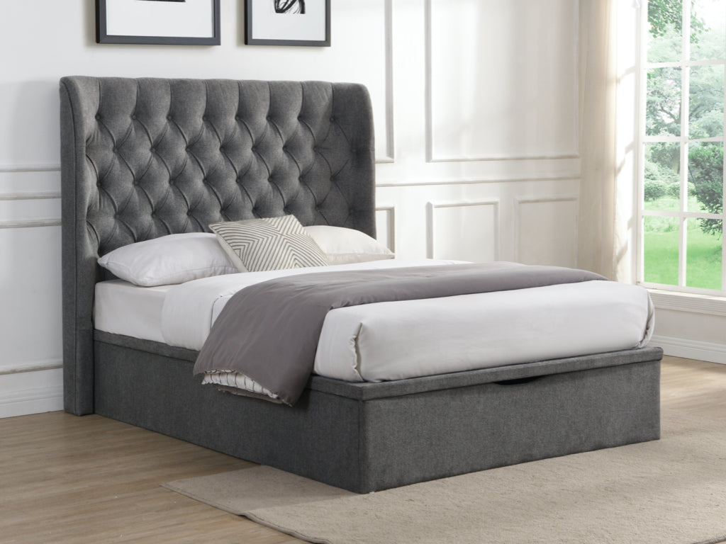 Clara Gas Lift  King Bed Frame   - Grey Fabric