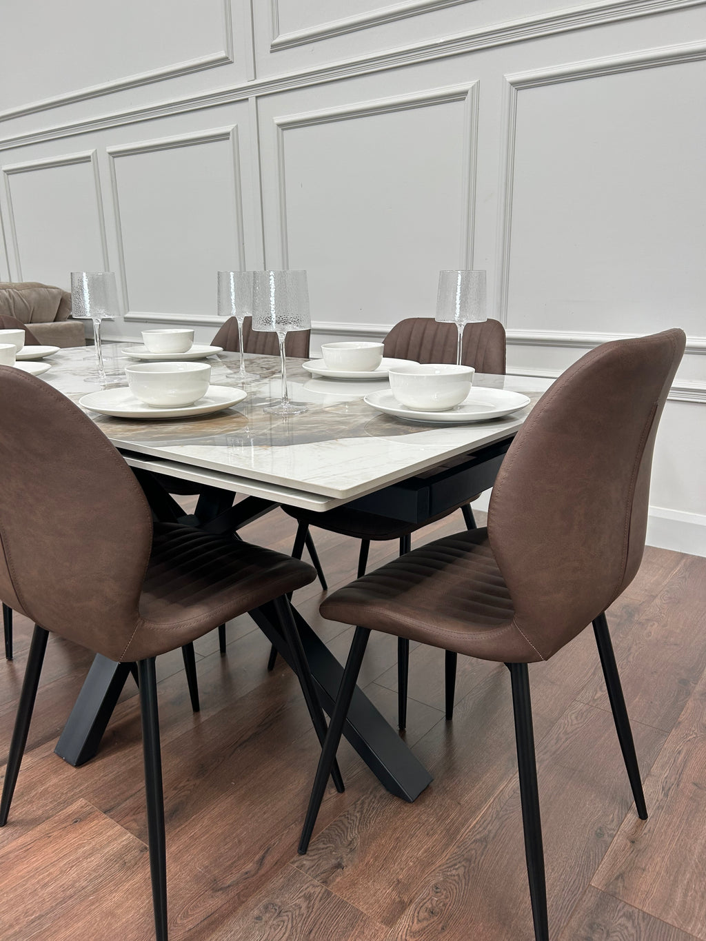 Sorrento Extending Sintered Stone Dining Set + 6 Lyra Brown Chairs